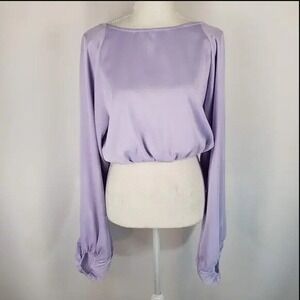 L Crop Billow Sleeve Open Back Top Satin Pastel Purple NEW‎ WeWoreWhat Revolve